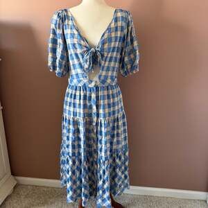 FRNCH Paris Blue Checkered Tie-Front Tiered Midi Dress Size L